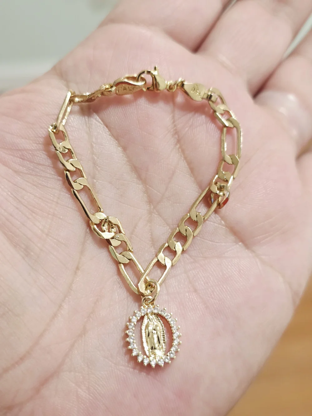 Kids Gold Figaro-Style Bracelet with Religious Pendant